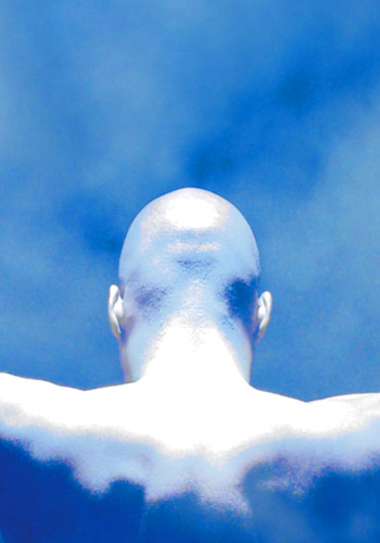 an abstract style image of the back of a bald man's head and naked shoulders